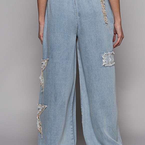 POL Denim Embroidered Stars Boho Patchwork Joggers Pants Women’s Blue Relaxed - Picture 4 of 16